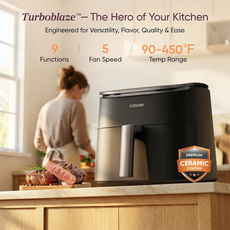 Cosori 9-in-1 TurboBlaze Air Fryer - 6 Qt PFAS-Free Ceramic Coating | Precise Heating for Even Cooking