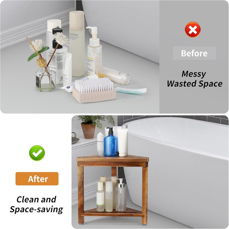 Acacia Wood Shower Stool - Waterproof Foot Rest with Storage Shelf | Ideal for Small Shower Spaces