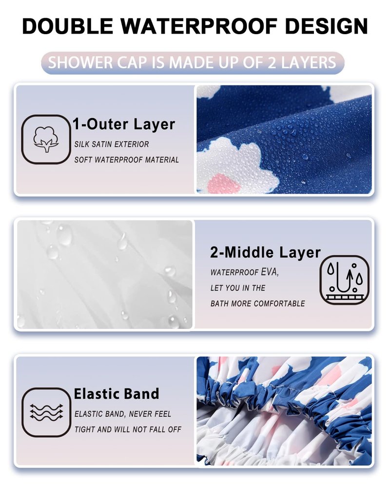 YIZIJIZI Shower Cap - Two Layer Waterproof Large Shower Cap for Women, Reusable Shower Caps for Long Thick Hair, Adjustable for Double Layer Adjustable Soft Bath Shower Caps (Blue)
