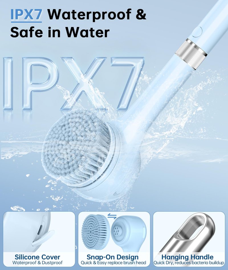 Electric Body Brush Back Scrubber for Shower, Waterproof Rechargeable Auto Bath Brush with Long Handle, 5 Replaceable Heads & 3 Speeds, Deep Cleansing Exfoliating Massage Spin Scrubber for Men & Women