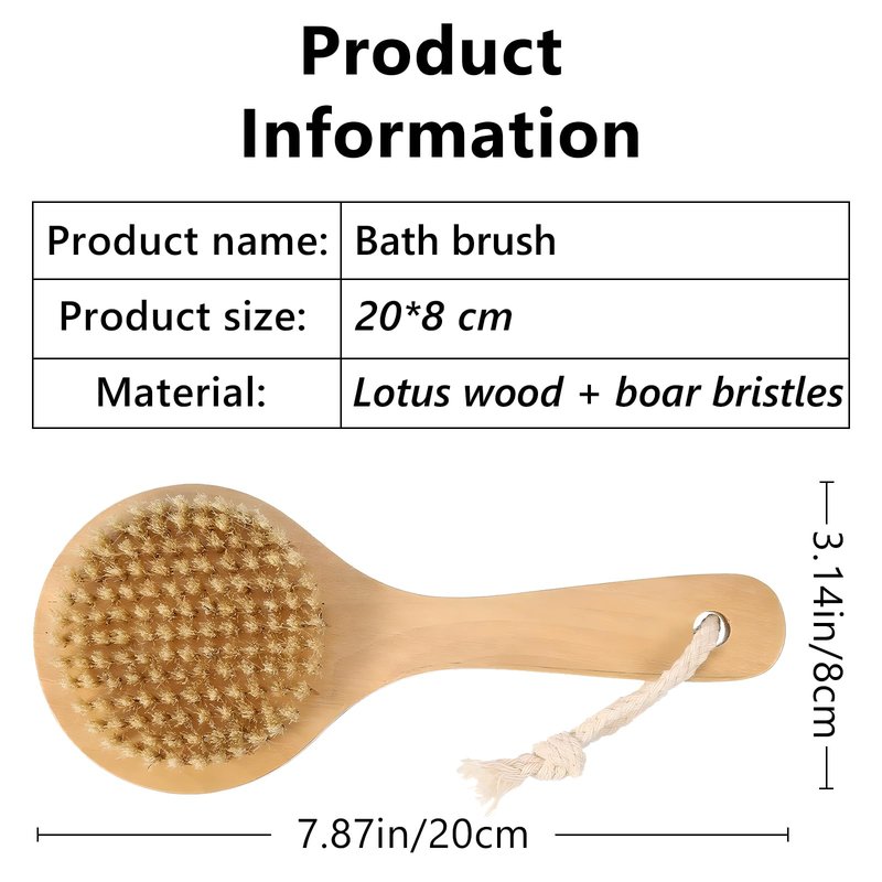 Jaasuee Dry Bath Body Brush with Short Handle, Natural Bristles Back Scrubber, Anti-Slip Wooden Handle for Exfoliation, Blood Circulation, and Cellulite Reduction, Brown