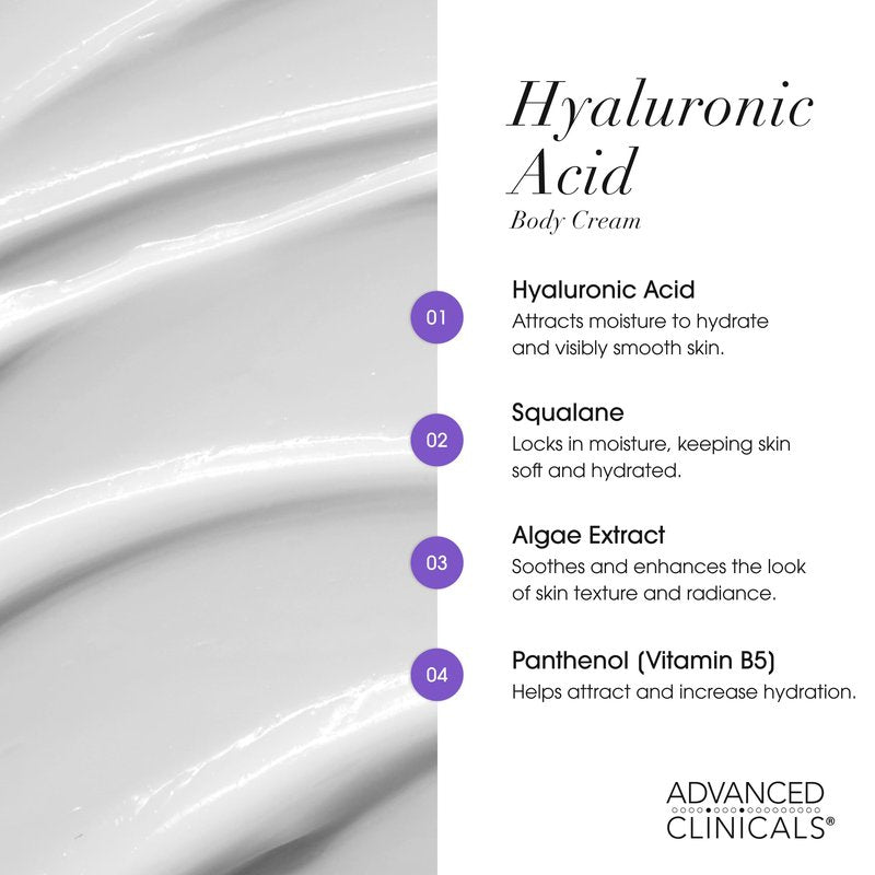 Advanced Clinicals Hyaluronic Acid Moisturizer Body Cream | Hydrating Cream & Body Lotion For Women & Men To Help Improve Look of Wrinkles, Stretch Marks, Dry Skin, & Crepey Skin, 16OZ + Travel Size