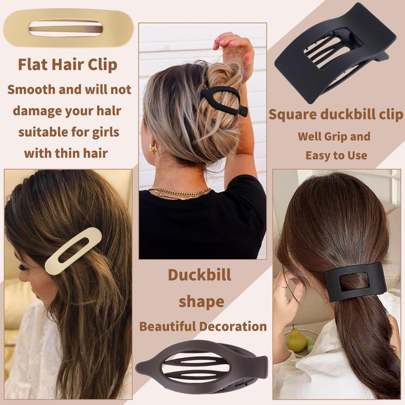 12 Pack Flat Hair Clips for Women-3 Styles Matte Neutral Flat Claw Clips, Black, Blonde,Light Brown & Dark Brown, Thick & Thin Hair Styling Accessories