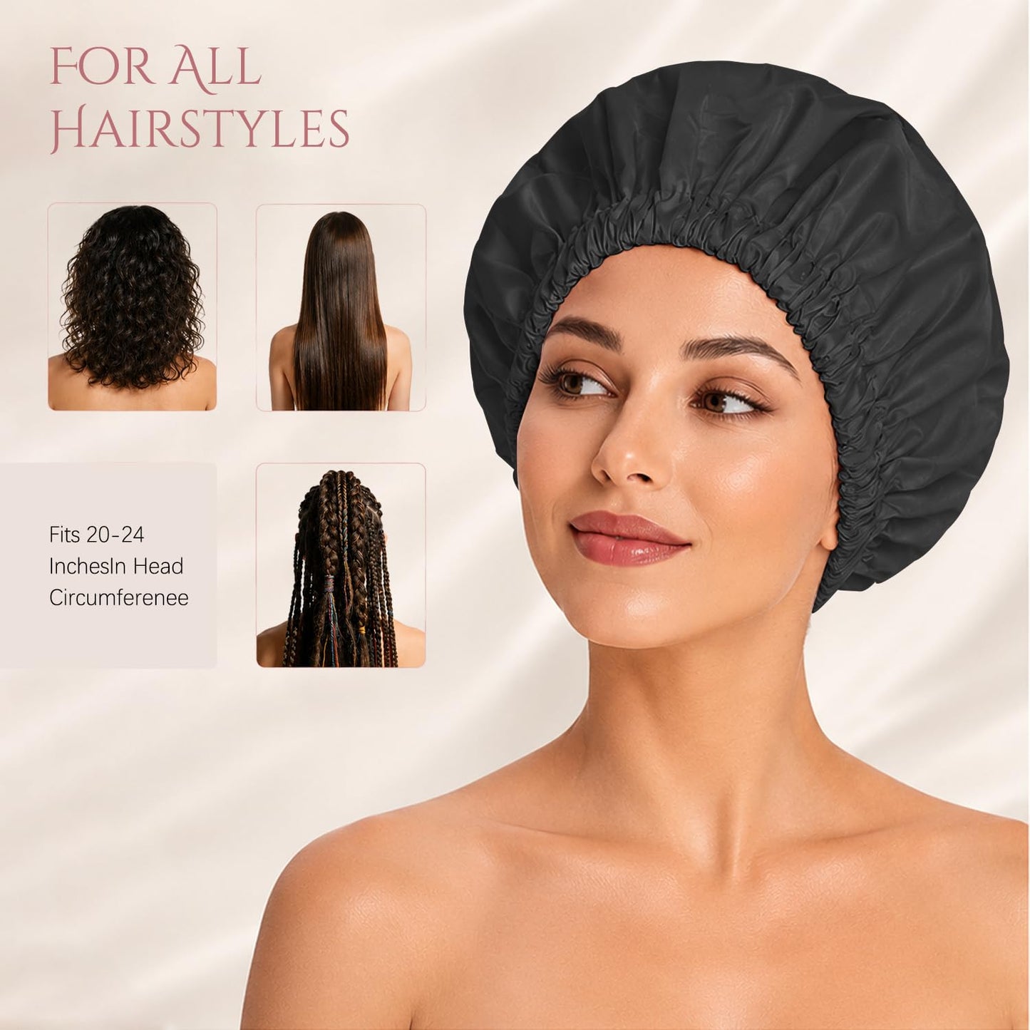 Shower Cap for Men, Reusable Waterproof Bath Cap with Soft Elastic Band, Double Layer Large Satin Lined Shower Hat for Curly Braids Long Hair, Washable Non-Slip Hair Cap(Black)