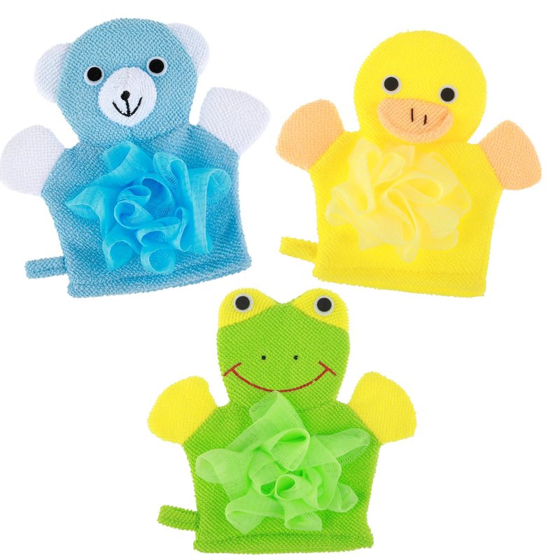 Qianyu 3pcs Bath Mitt Washcloth Glove Body Scrubber Cute Cartoon Design Exfoliating Glove Gentle Soft Scrub Loofah Bath Sponge for Kid Shower Washing Easy Lather (Blue/Green/Pink)