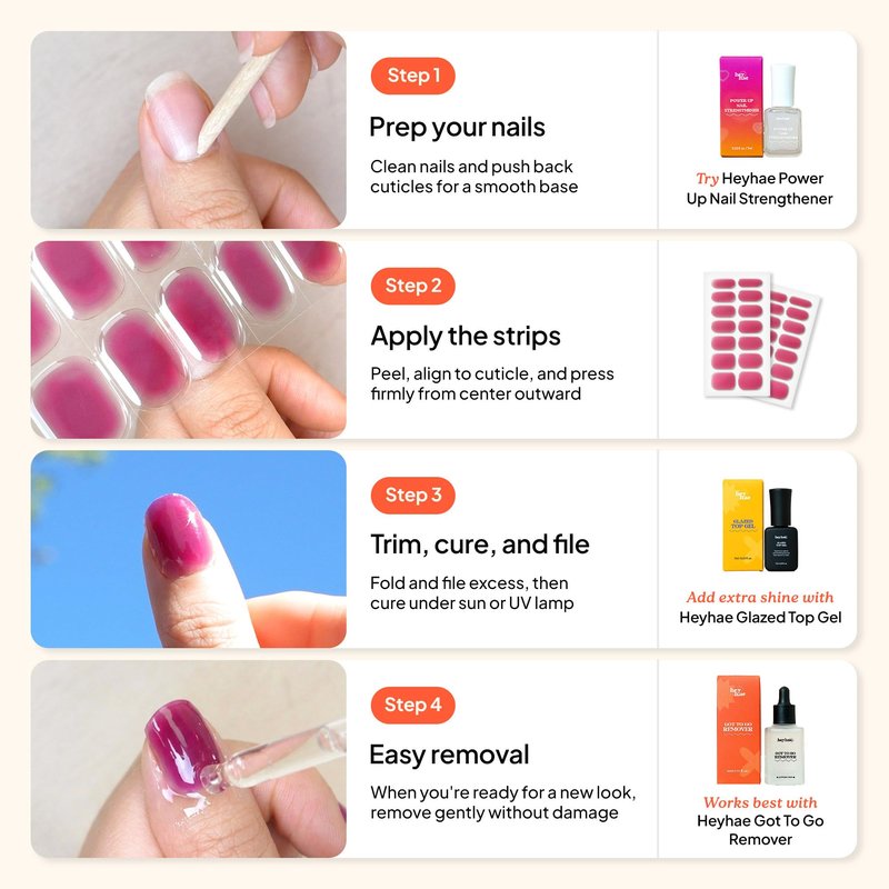 Heyhae Semi Cured Gel Nail Strips | No LED Lamp Needed | Solid, Pink, Spring | Easy Apply & Remove, Salon Quality | Includes 28 Strips, 1 Prep Pads, Nail File & Wooden stick - Hey, Strawberry Picking?