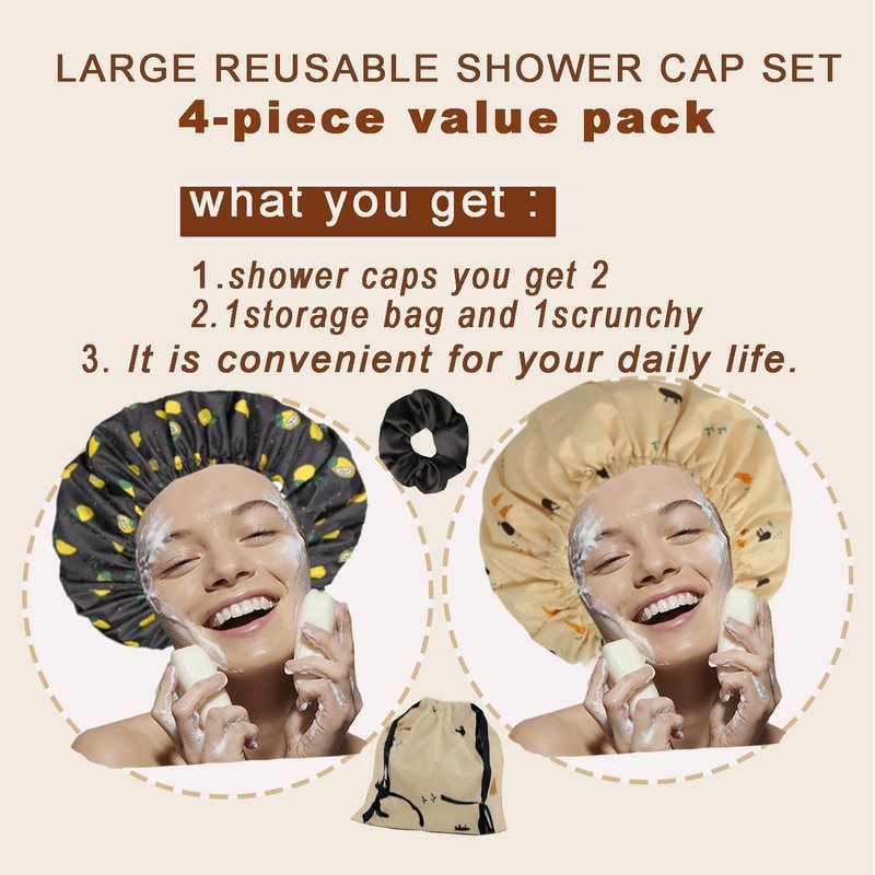 Genergy 2pcs Shower Cap for Women,Including Travel bag and Scrunchy. Frizz-Free Silky Liner, Waterproof Reusable Large Bath Bonnet for Short and Long Thick Hair, Soft Adjustable Elastic, Non-slip.