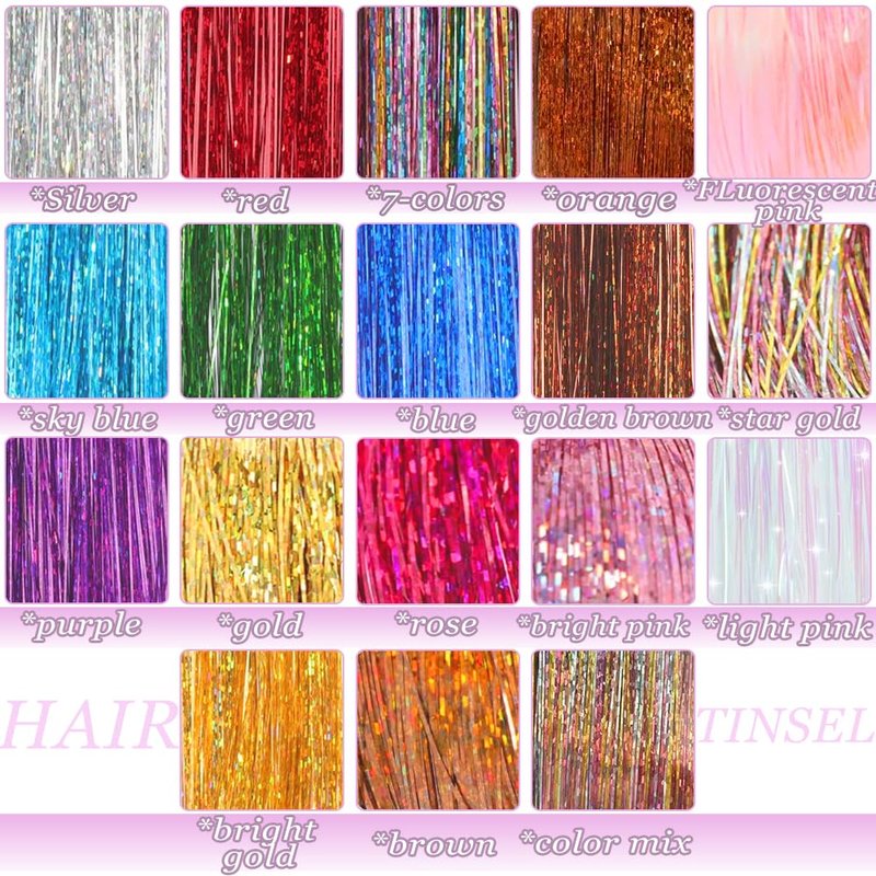 Hair Tinsel Kit, Fairy Tinsel Hair Extensions With Tool 6000 Strands 18 Colors Holographic Heat Resistant Sparkling Hair Glitter for Christmas New Year Party (48 Inch)
