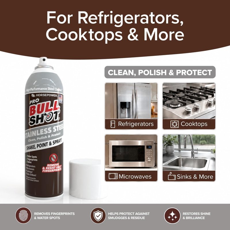 Bull Shot Stainless Steel Cleaner Spray - Cleans, Polishes & Protects | Removes Fingerprints & Streaks