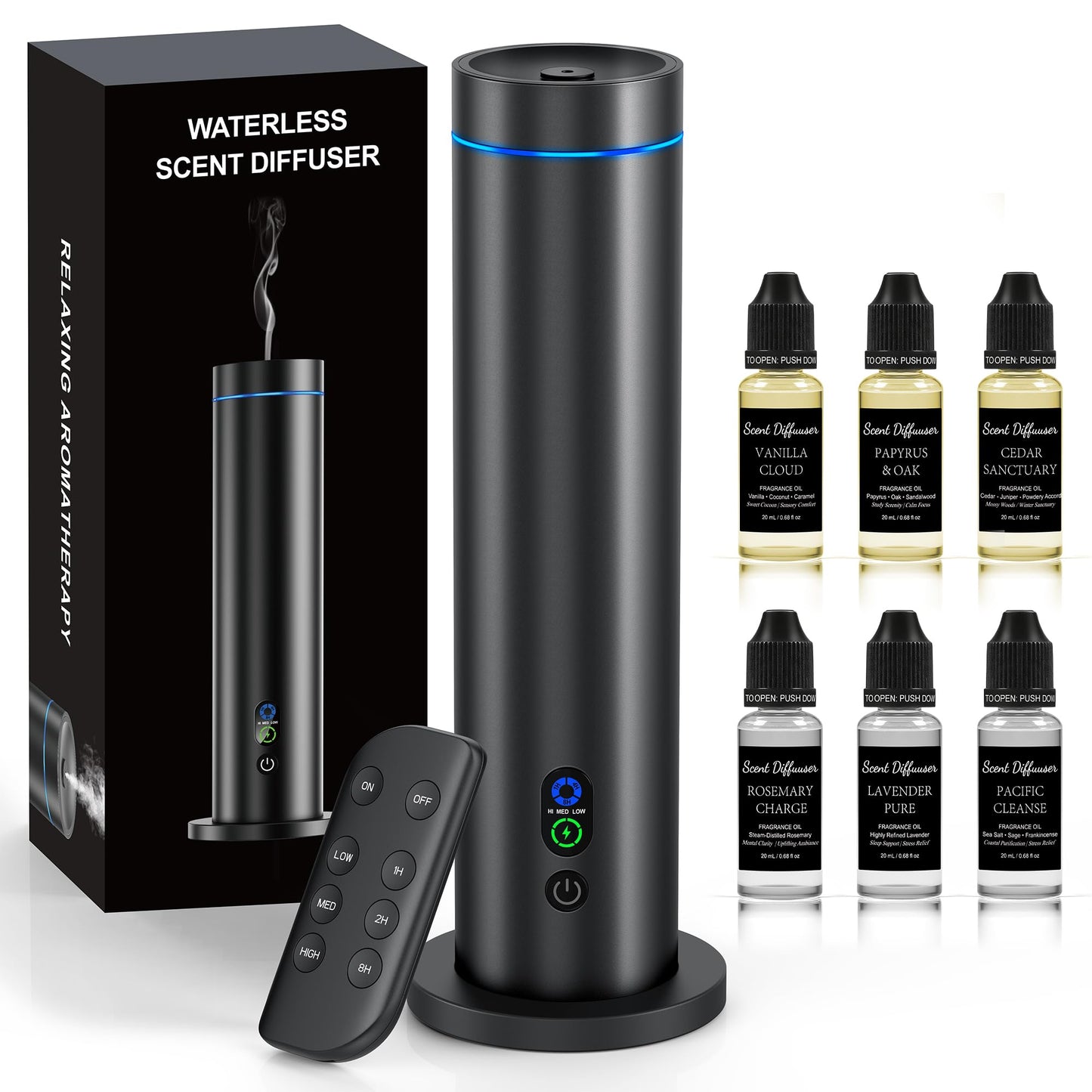 Waterless Diffuser, 1000 Sq.Ft Coverage, Essential Oil Diffuser– Plug-in Only, Remote Control, Adjustable Mist Mode, Mood Lights Aromatherapy Diffuser for Home, Large Room, Office, Hotel, Black