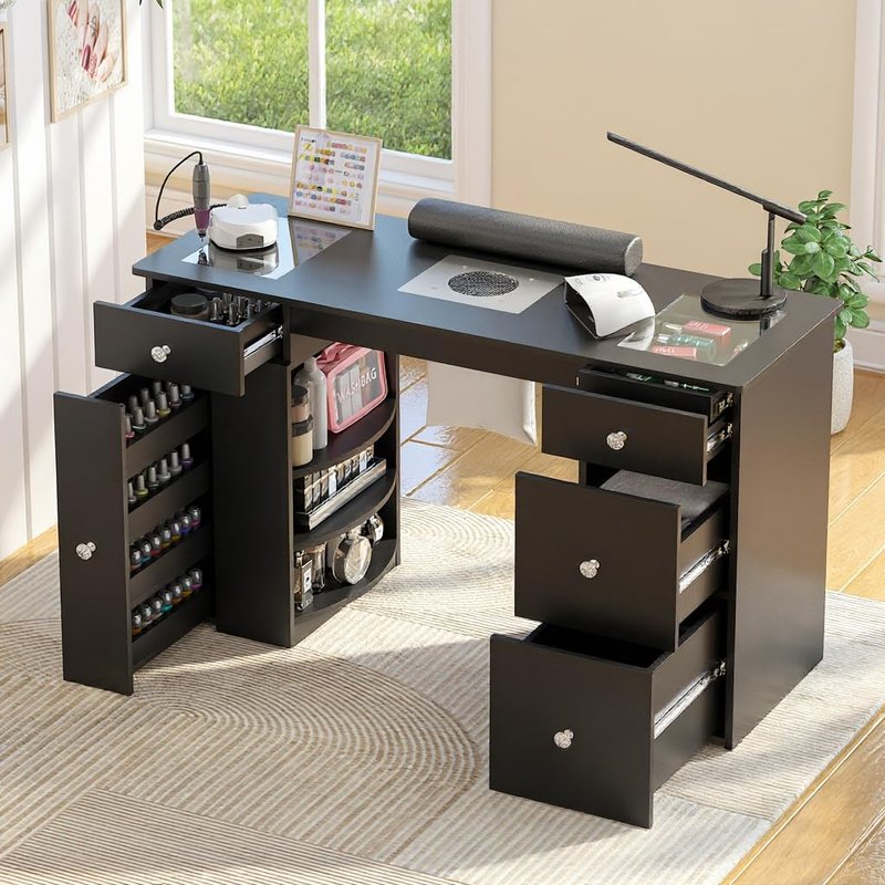 Manicure Table for Nail Tech with Glass Top, Visible Drawers & Trash Bag Holder, Acetone-Resistant Manicure Nail Desk, Beauty Salon Workstation with Wrist Rest & Electric Dust Collector (Black)