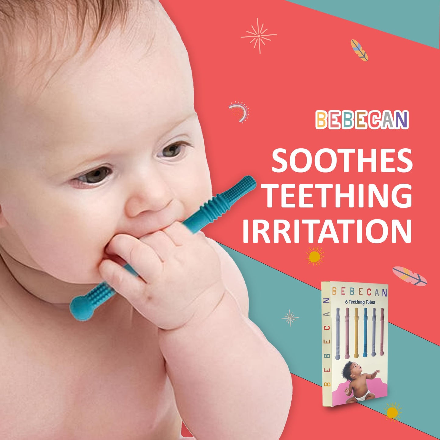 Bebecan Teething Sticks for Babies 36+ Months – Super Soft Silicone Teething Aids, Infant Oral Soothing Relief Back Molars, Multicolor 6-Pack