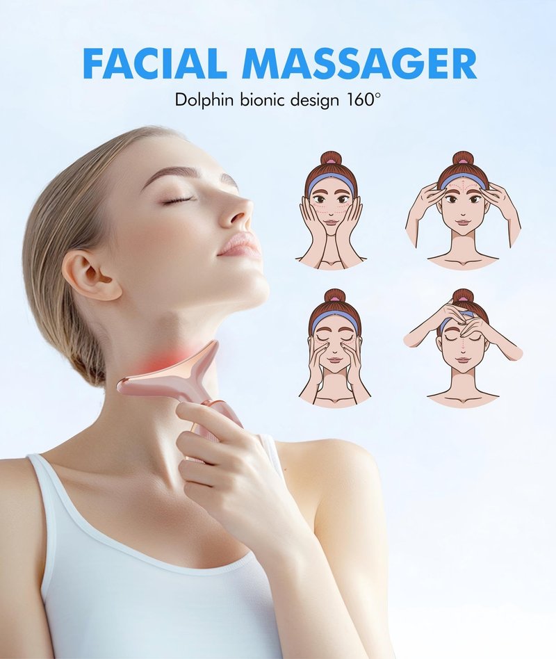 SDKWDH Red Light Therapy for Face and Neck, 7 Color Face Massager Tool for Wrinkles, Double Chin, Vibrating Facial Massager with Thermals for Skin Care, Rose Gold