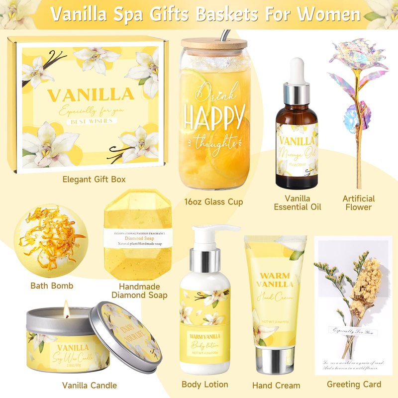 Birthday Gifts for Women, Relaxing Spa Gift Baskets for Women, Warm Vanilla Self Care Package Gifts, Mothers Day Bath and Body Inspirational Gift Set for Mom, Her, Wife, Best Friend, Sister, Coworker