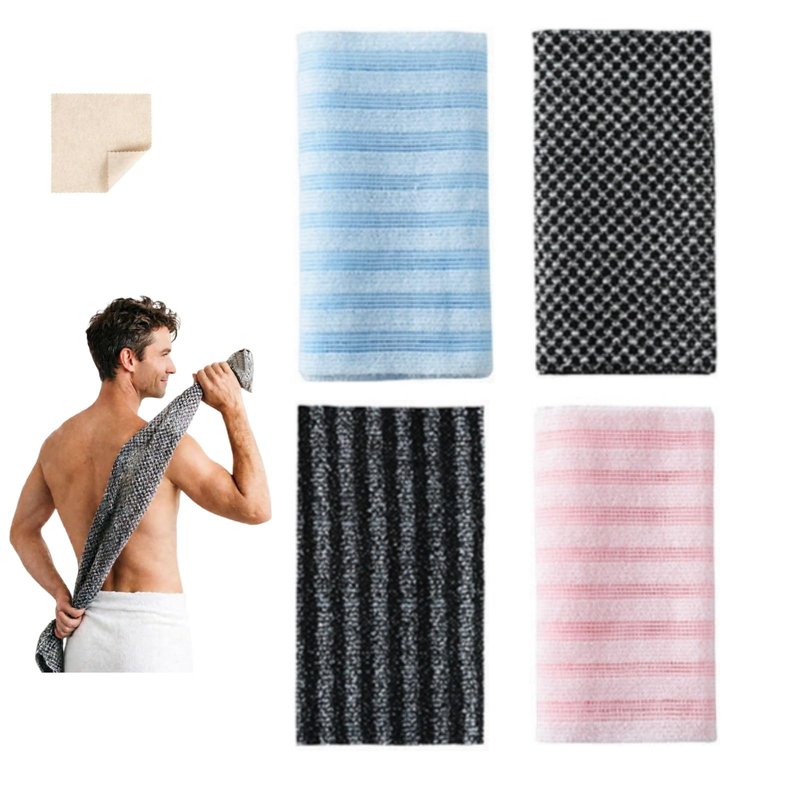 Exfoliating Body Scrubber, Back Scrubber for Shower, Japanese Exfoliating Washcloth Towel, Loofah Sponge Net Body Exfoliator for Men Women+Free Loofah Dish Towel (4Pcs Long Bath Towel)