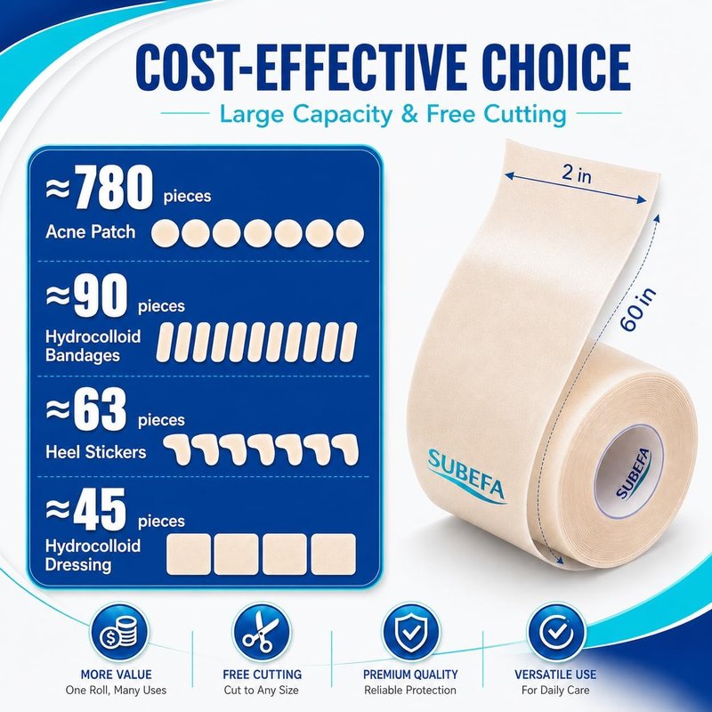 Hydrocolloid Roll | 2" x 5FT Waterproof Wound Care Bandages - Flexible, Latex-Free Blister & Acne Patches