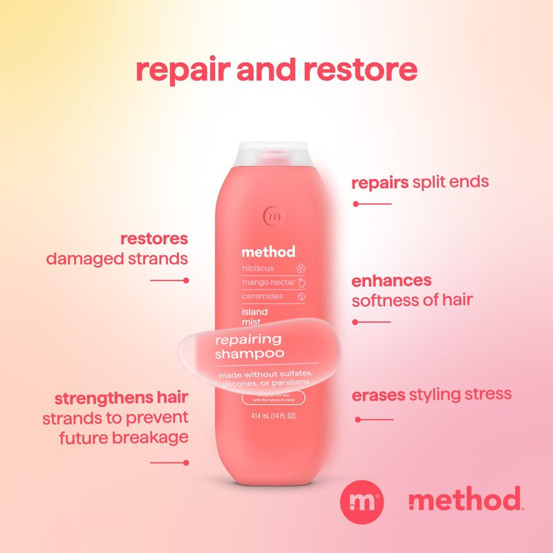 Method Repairing Shampoo, Island Mist - Nourishes Hair and Restores Damaged Strands - Sulfate Free, Color Safe - 14 oz