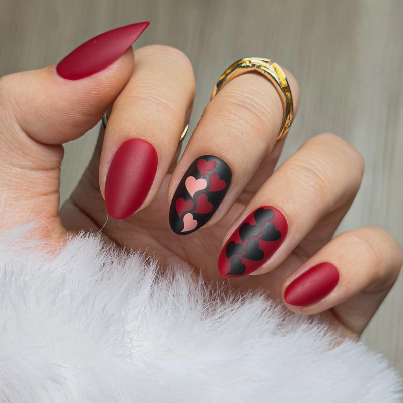 CurvLife Medium Almond Press On Nails – 30Pcs Soft Gel Dark Passion Matte Red Fake Nails, Reusable Glue On Nail Kit with Adhesive Tabs, Natural Fit & Salon-Quality for Women & Girls