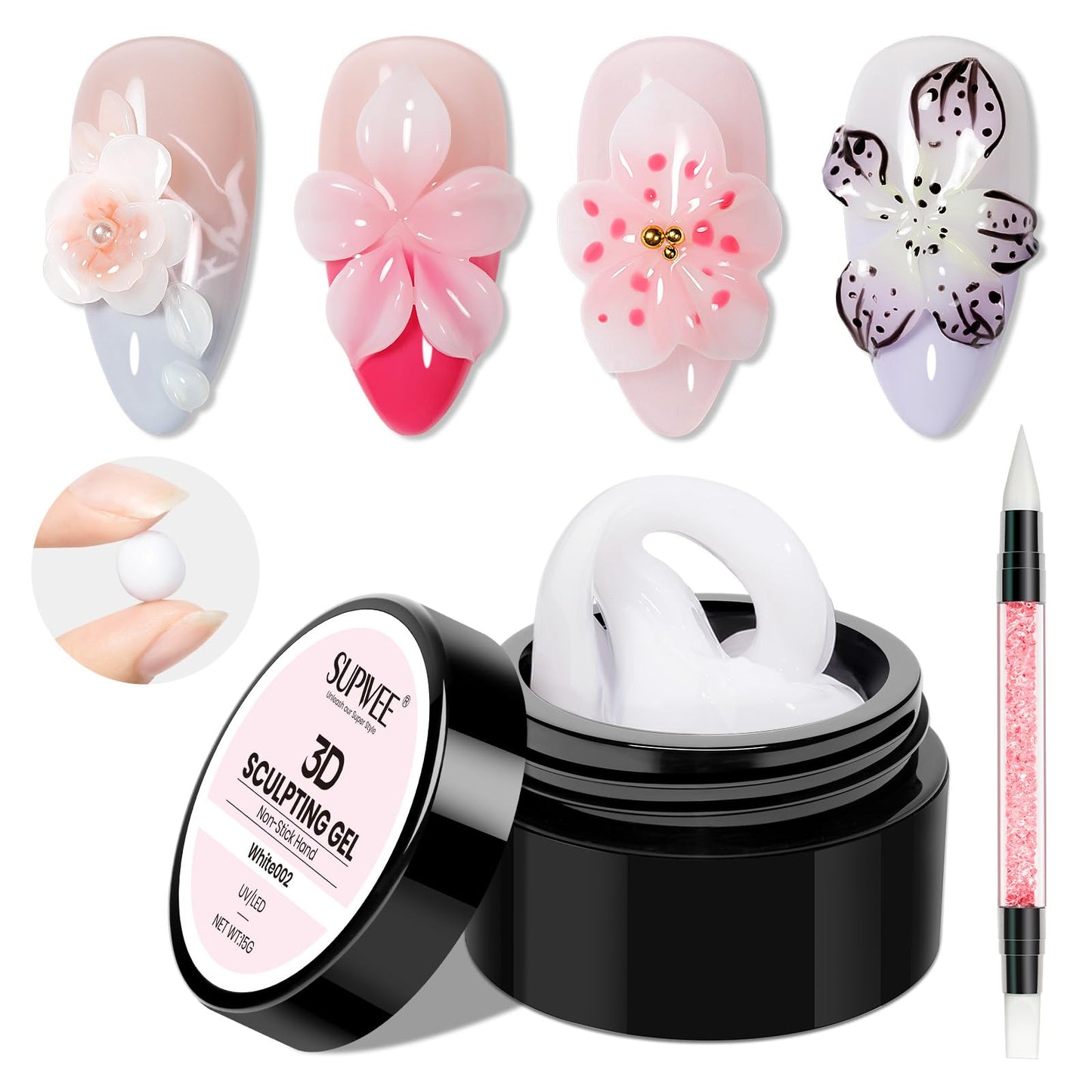 SUPWEE 3D Nail Sculpting Gel for Nails Art, White Non-Sticky Hard Solid Molding Nails for Extension Carving Home DIY Manicure with Nail Art Pen DIY at home