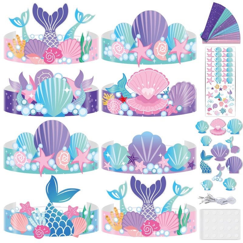 Qyeahkj 24 Pcs Mermaid Birthday Party Crowns Under the Sea Ocean DIY Crown Craft Kits Art Set Paper Mermaid Party Favor Hats Paper Princess Headband Making Kit Party Decorations Supplies for