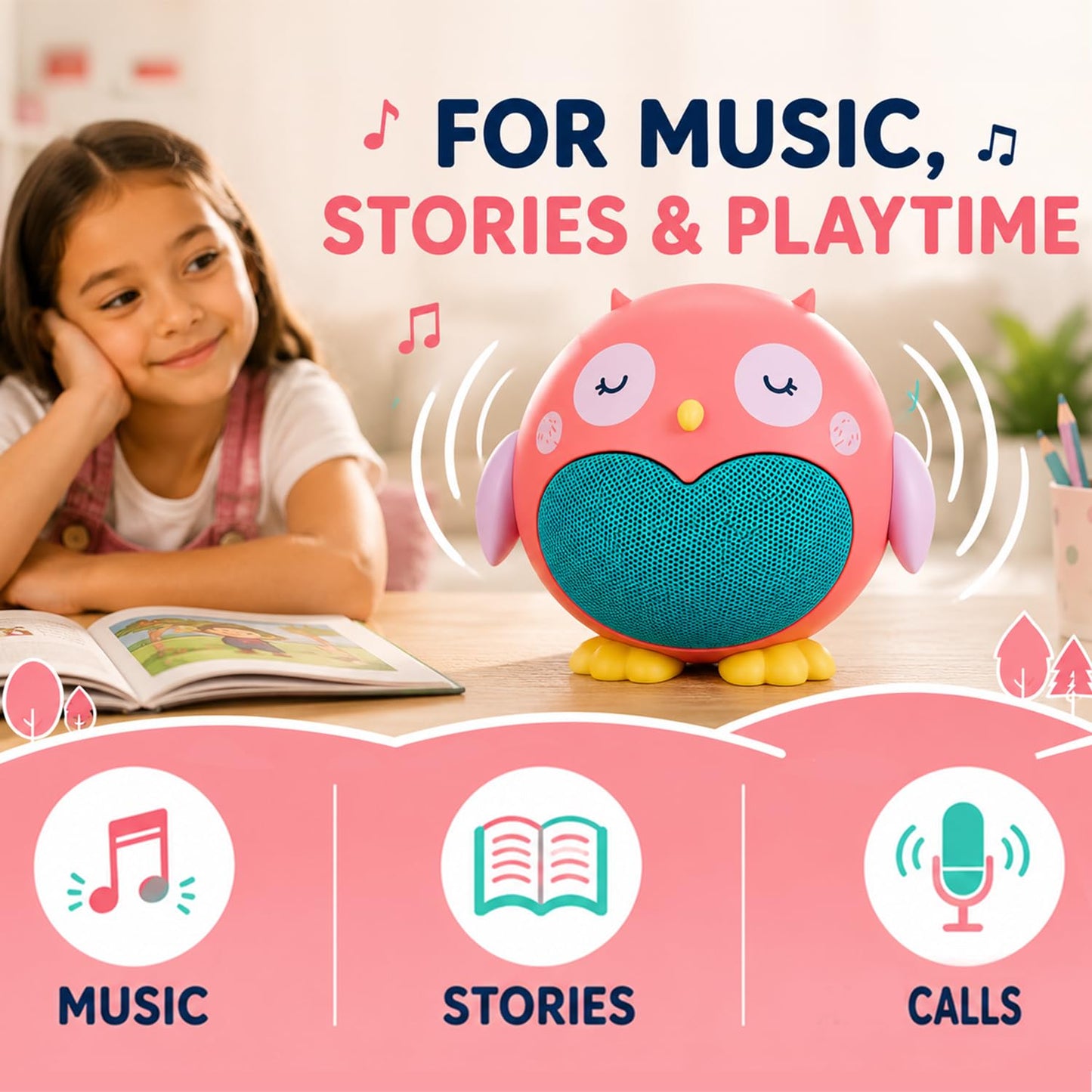 Planet Buddies Owl Kids Bluetooth Speaker, Cute Bluetooth Speaker for Kids, Portable Wireless Animal Speakers for Baby & Toddler, Rechargeable Long Battery Life for Travel, Home & Bedroom - Pink