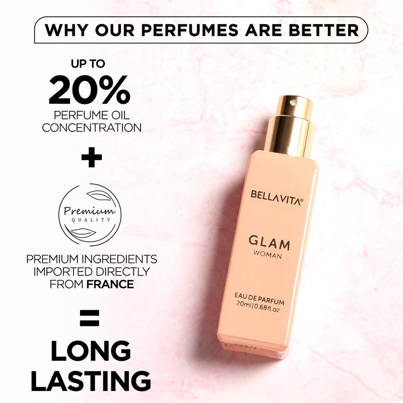 Bellavita Luxury GLAM Eau de Parfum | 20 ml (0.7 fl.oz.) | Travel Size Perfume for Women | White Floral, African Orange, Jasmine, and White Honey Notes | Long Lasting Women's Fragrance