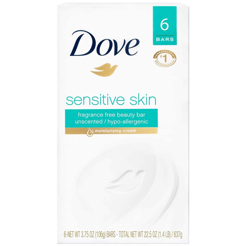 Dove Moisturizing for Softer Skin, Fragrance-Free, Hypoallergenic Beauty Bar Sensitive Skin Effectively Washes Away Bacteria While Nourishing Your Skin 3.75 oz, 6 Bars