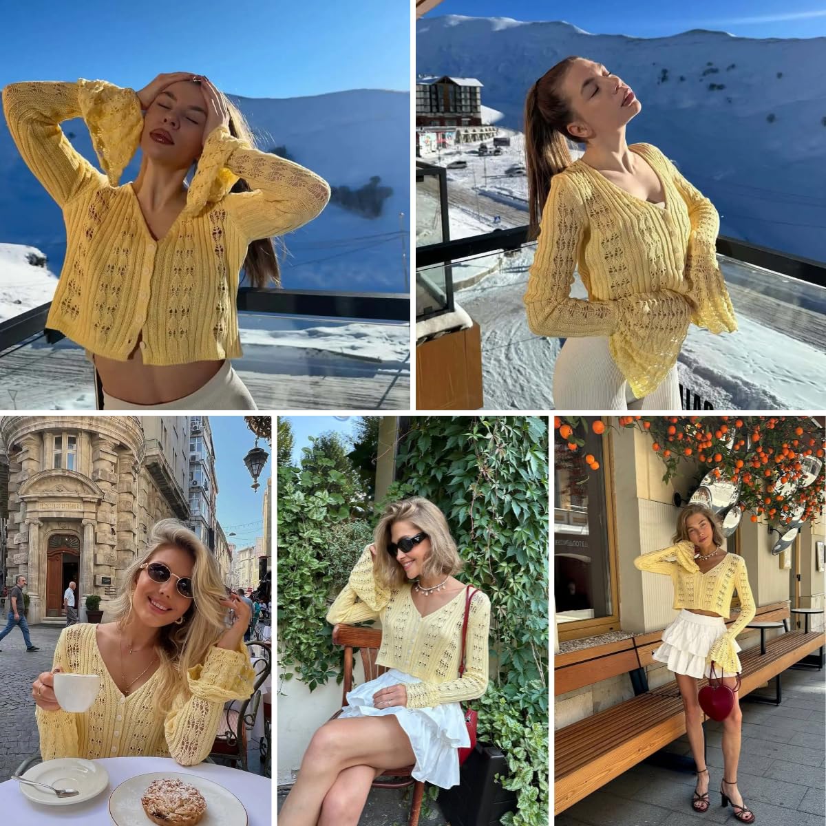 Women's Knit Long Sleeve Cardigan Sexy Hollow Out V Neck Bodycon Crop Tops See Through Casual Short Sweater Outwear Yellow