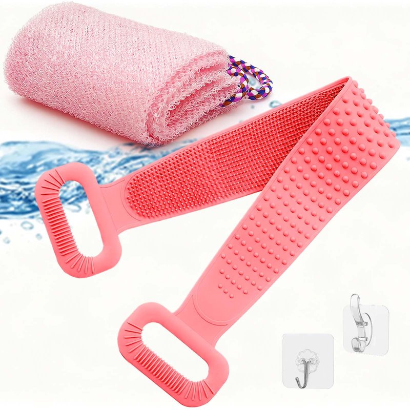 Manmihealth Silicone Back Scrubber for Shower & African Net Sponge Net Set, 36'' Dual-Sided Back Washer & African Long Bath Sponge, Extendable Long Silicone Body Brush (Pink+Pink)