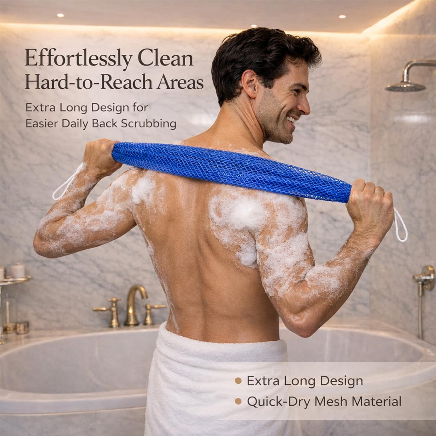 African Net Sponge Authentic, 3 Pcs Exfoliating Net Sponge for Bath, 45 Inch Long Stretch Back Scrubber for Women and Men, Exfoliating Shower Scrubber (Brown+Blue+Gold, 3 Packs)