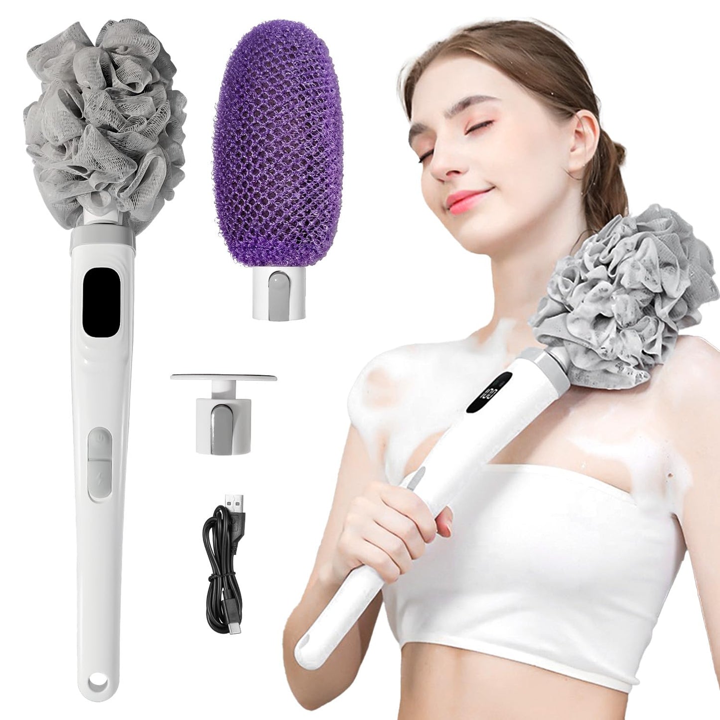 Pecait Electric Body Brush, African Bath Sponge Back Scrubber for Shower, IPX7 Waterproof Dual-Speed Control Bath Brush with 3 Interchangeable Heads, for Cleansing, Exfoliating and Massaging Skin
