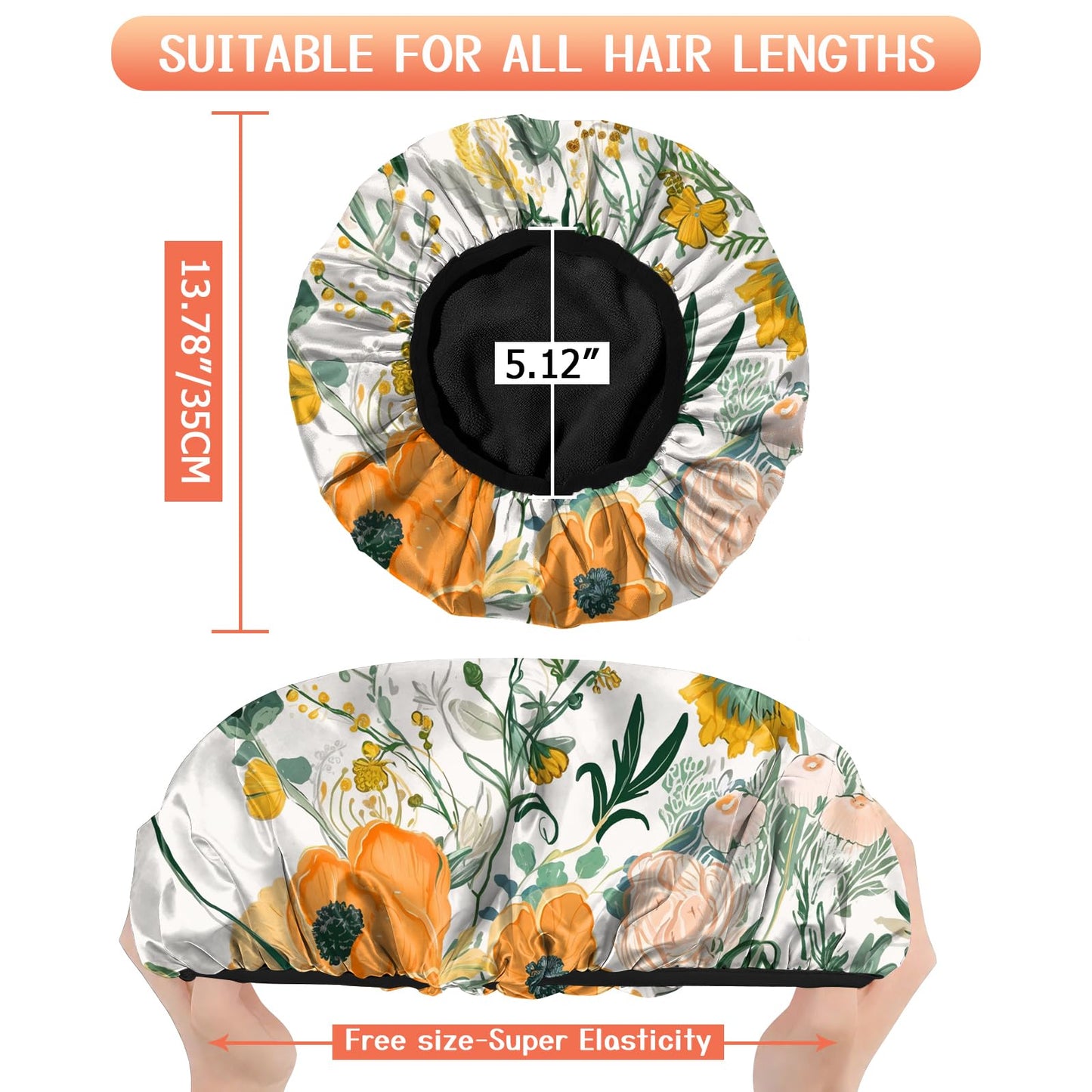 Cabreche Luxury Shower Cap Terry Lined Reusable Triple Layer Waterproof Hair Elastic Caps Shower Bath Hat for Women Girls Cute Aesthetic-Orange Flower