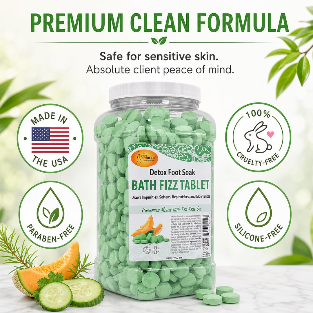 SPA REDI - Detox Foot Soak Fizz Tablets for Pedicure, Cucumber and Melon, 950 Count - Foot Bath with Tea Tree Oil, Aromatherapeutic, Draws Impurities, Softens, Replenishes and Moisturizes