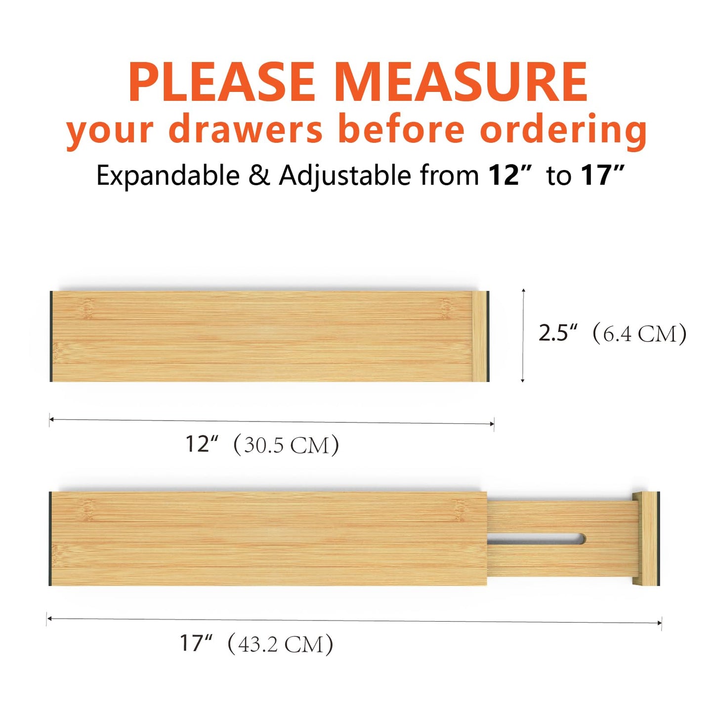 4 Pack Bamboo Drawer Dividers 2.6" High, Adjustable Length from 12 Inch to 17 Inch, Expandable Kitchen Drawer Organizer Separators for Clothes, Kitchen, Bedroom, Dresser, Office (Beige)