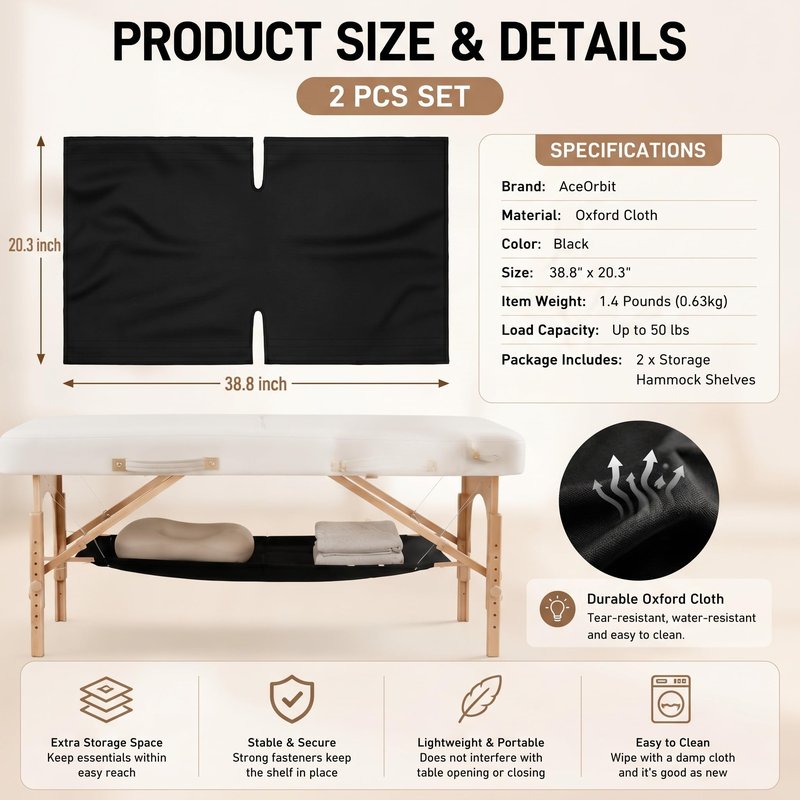 AceOrbit 2 Pcs Massage Table Hammock Accessories Organizer Under Massage Table Desk Storage Shelf for Pillow Sheet Bolster and Accessories, Creates More Space(38.8 x 20.3 Inch,Hook & Loop Fastener)