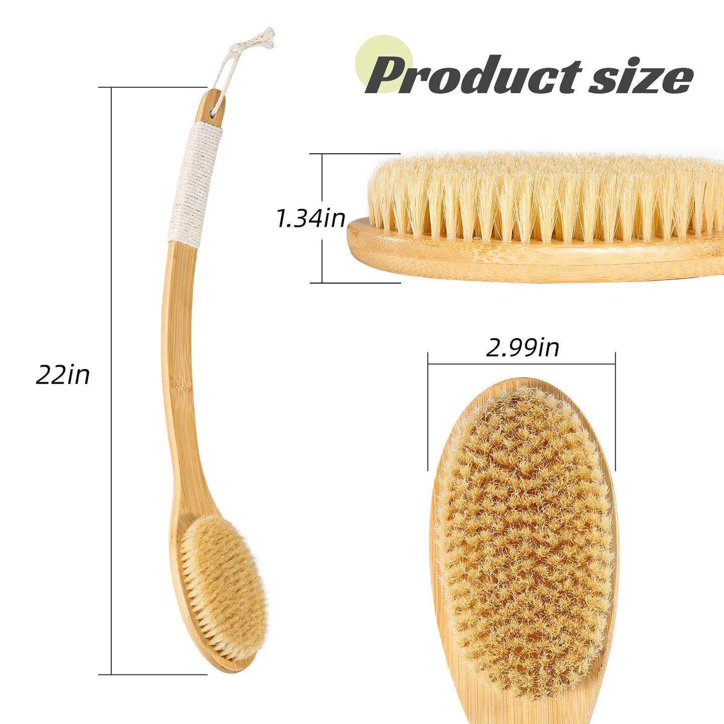 Bath Body Brush Shower, 22" Super Long Curved Bamboo Handle Antiskid Back Body Scrubber Wet/Dry Brushing, Moderately Soft Natural Bristle Body Brush for Showering