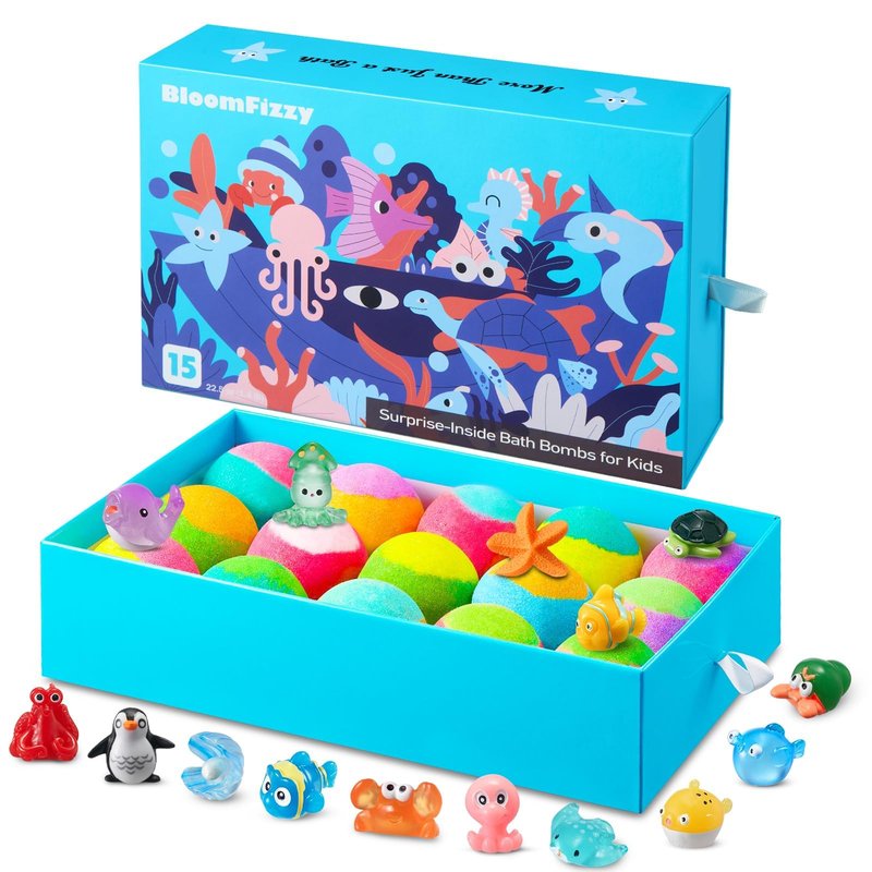 Sea Surprise Bath Bombs for Kids, 15 Pack Organic Fizzy Bath Bombs Gift Set with Hidden Ocean Toys, Gentle & Scented, Kid-Safe & Fun Bath Time, Ideal Christmas Gift & Stocking Stuffer for Kids