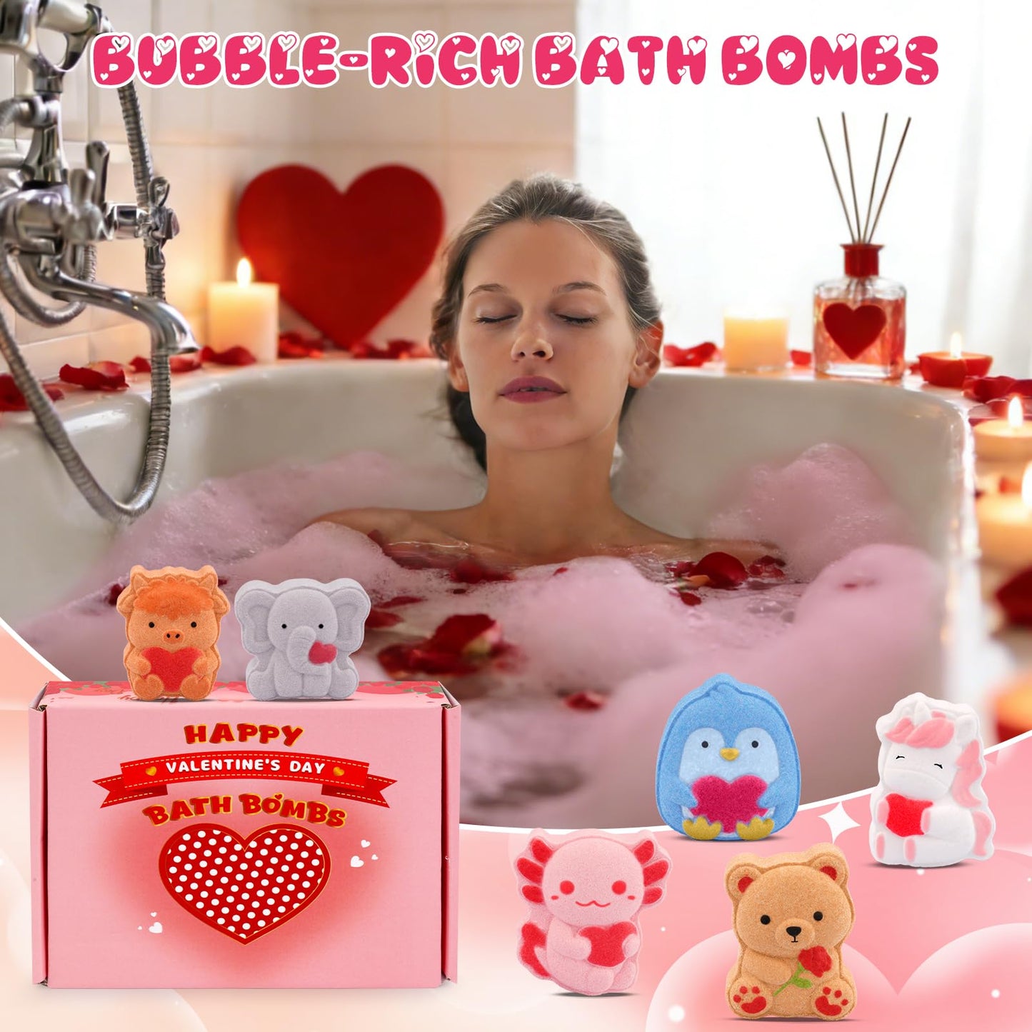 MUFEIRUO Valentines Bath Bombs,6pcs Relaxing Bubble Bath Bomb for Women,Animal-Shaped Hearts and Roses,Valentine's Day Birthday Gifts for Her Him