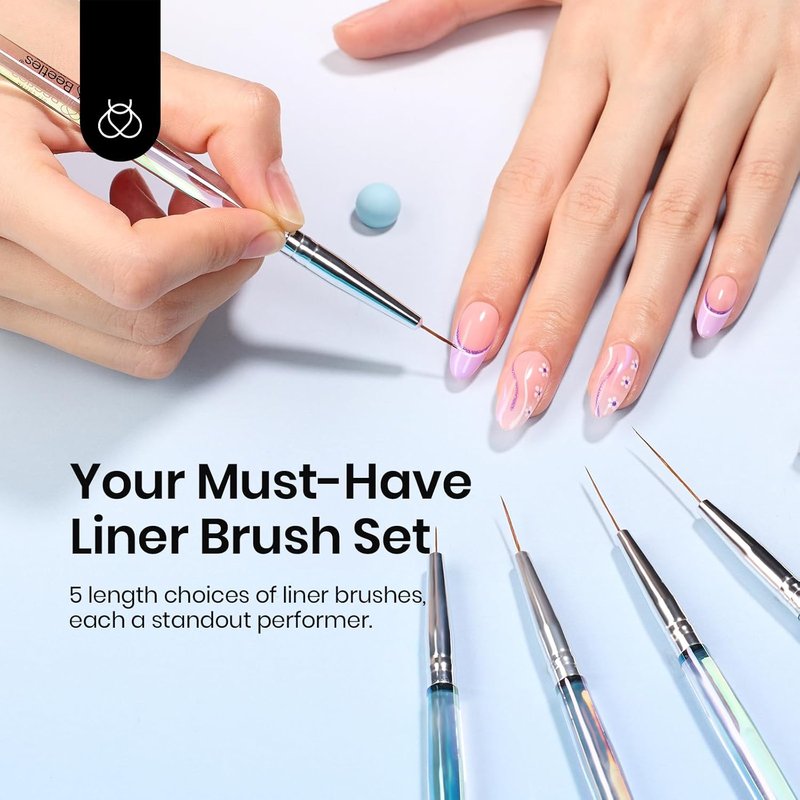 Beetles Nail Art Brushes Set - 5 Pcs Liner Brushes & 15ml Clear Blooming Gel Polish for Marble Effect