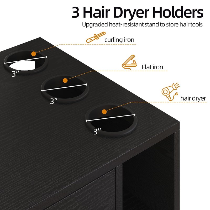 4ever2buy Wall Mount Salon Station, 36" Black Barber Station Organizer with Drawer and Shelves, Hair Salon Station with 3 Dryer Holders, Salon Station Wall Mount for Hair Stylist