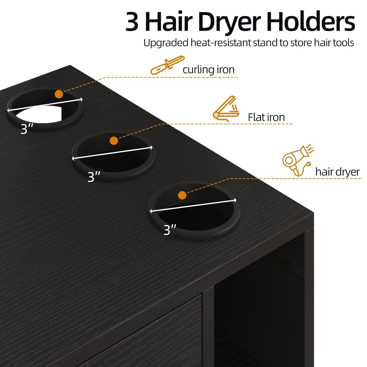 Wall Mount Salon Station - 36" Black Barber Organizer with Drawer & 3 Dryer Holders | Hair Stylist Storage Solution