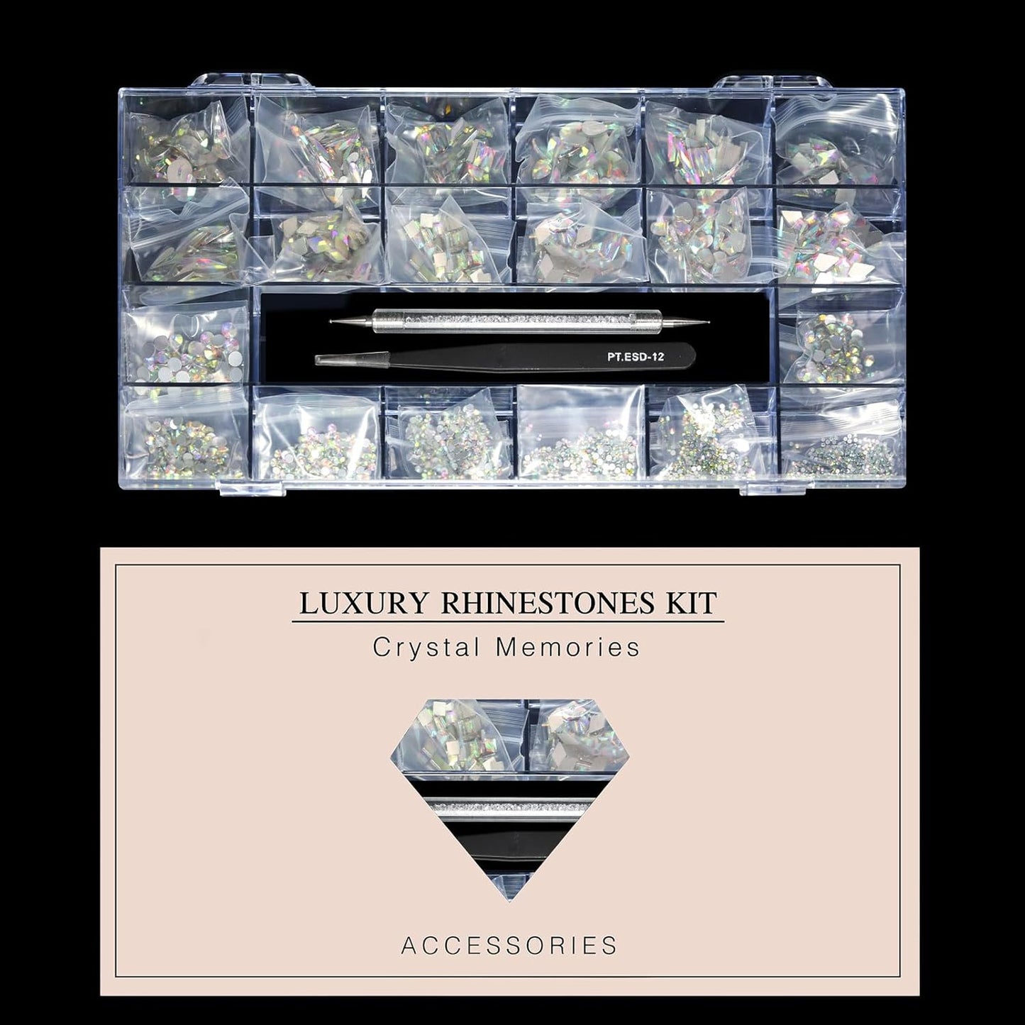 Yzzseven 600 Crystal AB Diamonds & 2500 Flat Rhinestones Set | 12 Types for DIY Crafts & 3D Ornaments