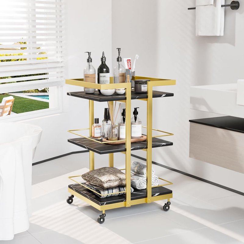 Esthetician Cart with Wheels - Black Gold Mobile Salon Trolley for Beauty Spa & Cosmetology