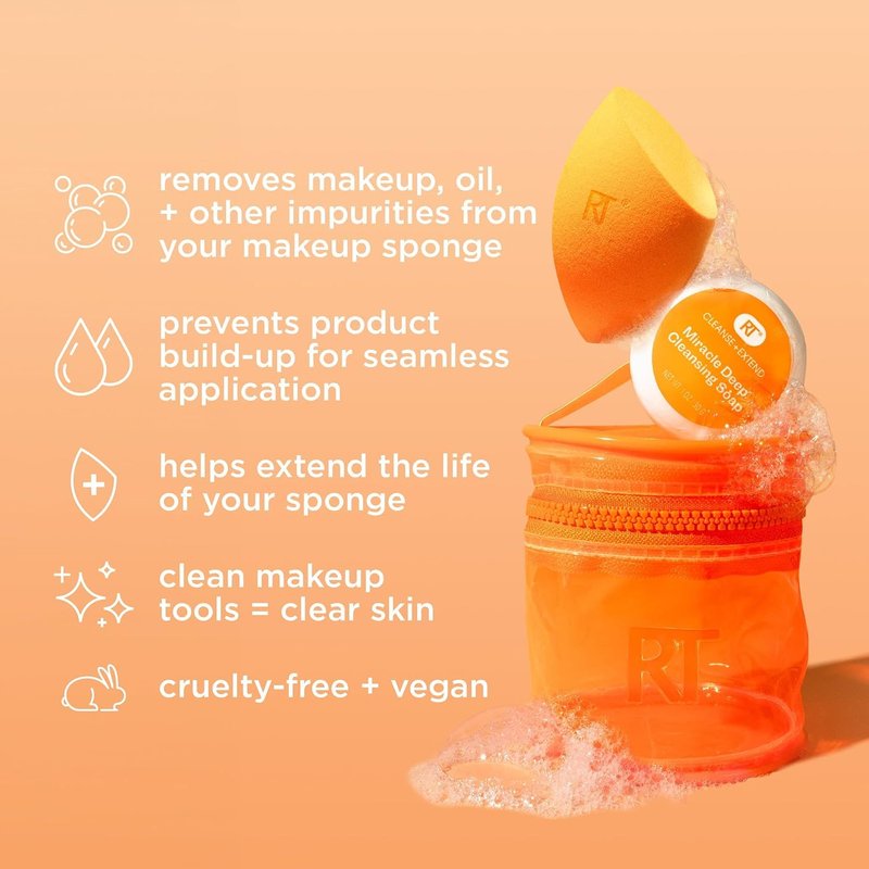 Real Techniques Miracle Blend Set - Makeup Sponge & Solid Soap for Deep Cleaning | Includes Travel Tote, Cruelty-Free
