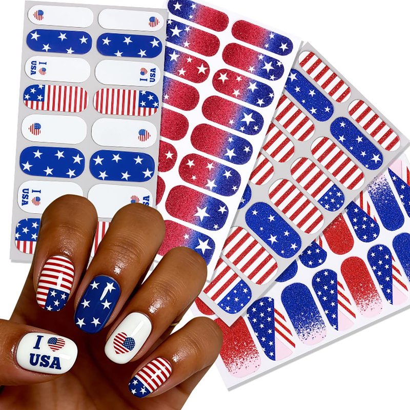 4 Sheets Independence Day Gel Nail Strips 4th of July Patriotic Full Wrap Nail Stickers Self-Adhesive American Flag Star Design Glitter Nail Polish Strips with File, Women DIY Holiday Manicure Decor