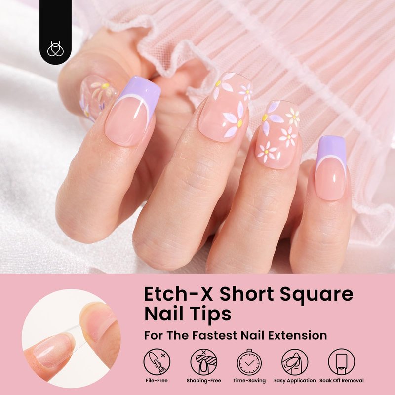Beetles Gel Nail Tips Etch-X, Square Short, 576Pcs 12 Sizes, Pre-Shaped Half Matte Full Cover Soft Acrylic False Nail Tips Easy DIY Press On Nail Extension Manicure Salon Gift for Women