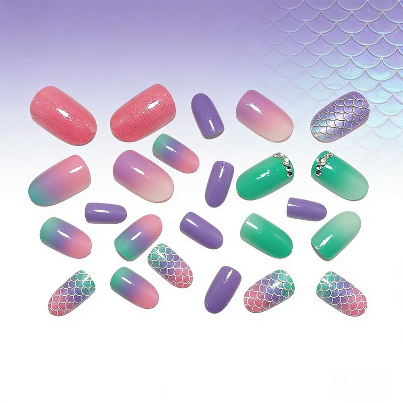 Mermaid Press on Nails Short Oval Fake Nails with Gradient Glitter Rhinestone Designs Ocean Press on False Nails Colorful Acrylic Nail Full Cover Artificial Stick on Nail for Women 24Pcs