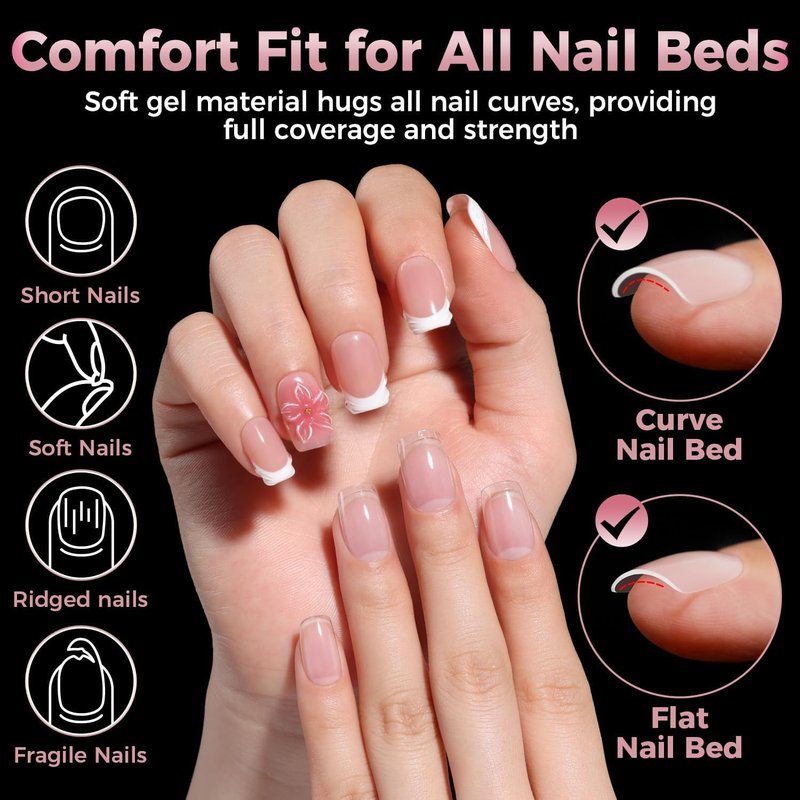 Luckyfairy Square Nail Tips: 240Pcs Short Squoval Soft Gel Tips, Pre-Etched Full Cover Gelly Fake Nails, No Filing Needed, Thin Cuticle & Thick Tip Clear Extension System for DIY Home Salon 12 Sizes