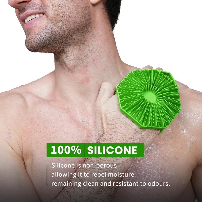 iTokGoK® Premium Silver-Infused Double-Sided Design 2-in-1 Silicone Body Scrubber for Men,Body Buffer Scrubber for Sensitive Skin, Ergonomic No-Slip Handle, Long-Lasting & Easy to Clean - Green