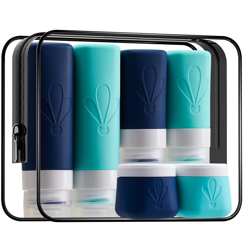 INSFIT travel bottles for toiletries 6 Pack, Leak proof Travel Size Toiletries Containers with toiletry bag, Squeezable Silicone Bottles & Cream Jars, Travel Essentials BPA-Free set for Shampoo